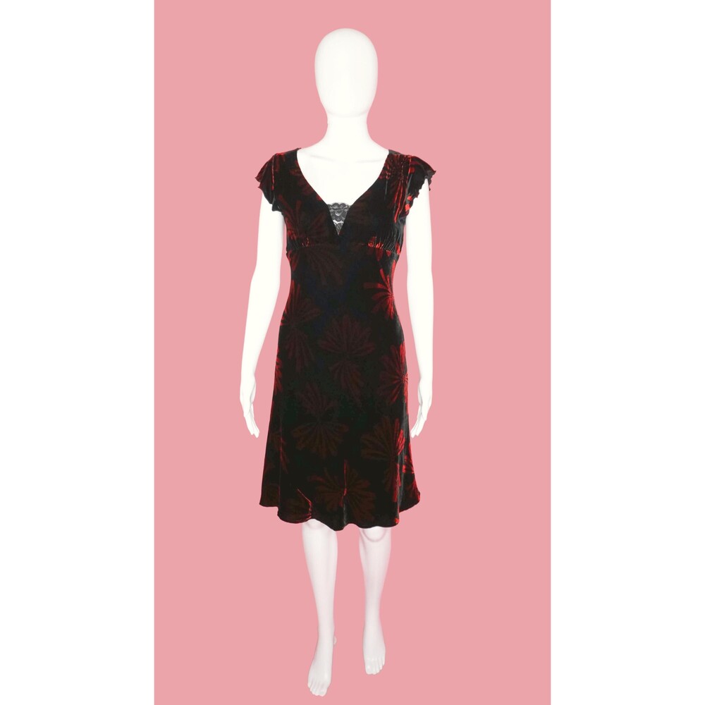 Y2K NANETTE LEPORE Velvet Flutter Sleeve Dress W/Ribbon Print & Lace Panel. XS-S